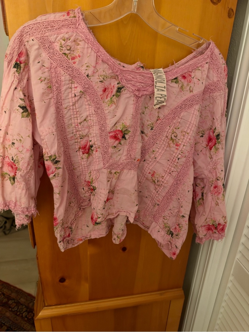 Magnolia Pearl Light Pink Floral Crochet-Trim Blouse